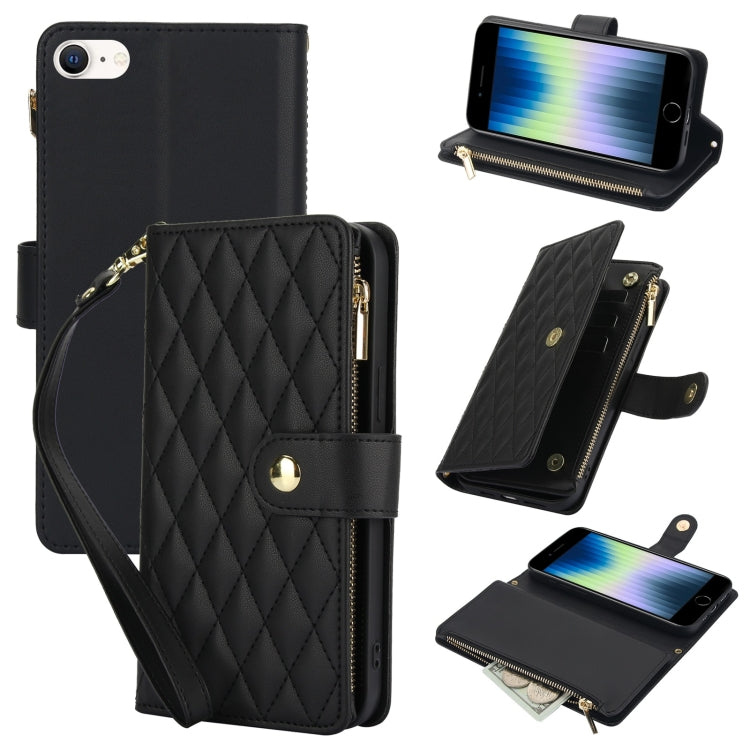 For iPhone SE 2022 / SE 2020 / 8 YM016 Rhombic Zipper Card Wallet Leather Phone Case with Lanyard(Black) - iPhone SE 2022 / 2020 / 8 / 7 Cases by buy2fix | Online Shopping UK | buy2fix