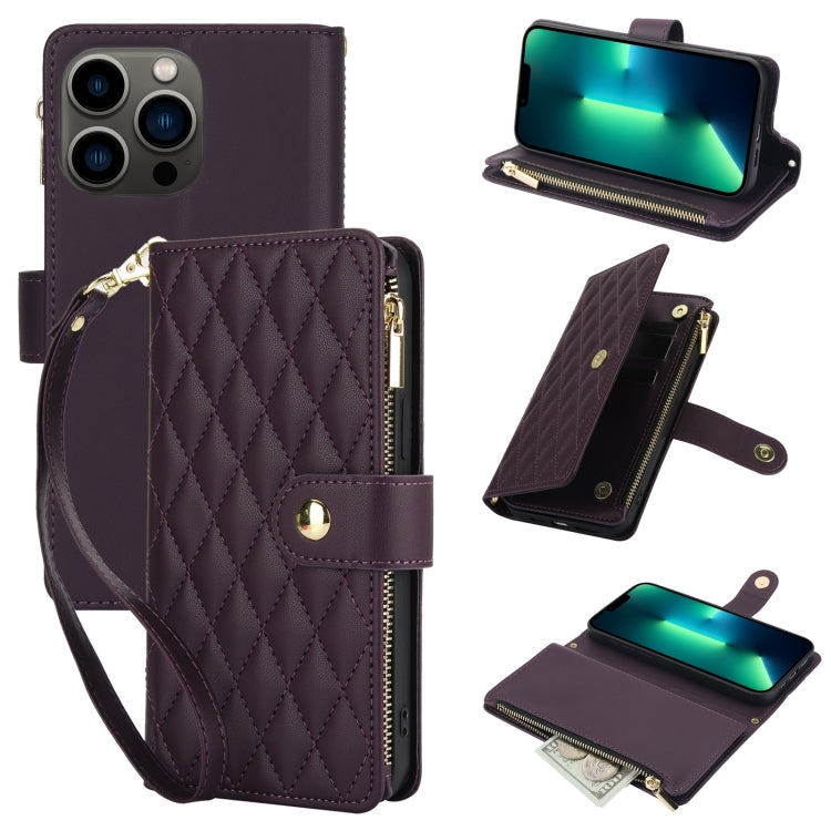 For iPhone 13 Pro Max YM016 Rhombic Zipper Card Wallet Leather Phone Case with Lanyard(Dark Purple) - iPhone 13 Pro Max Cases by buy2fix | Online Shopping UK | buy2fix