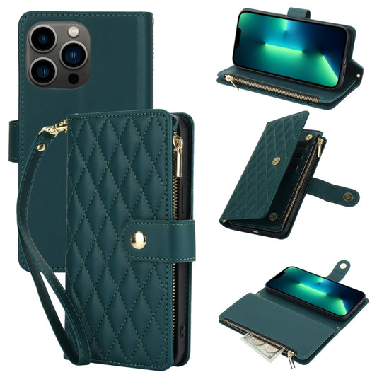 For iPhone 13 Pro Max YM016 Rhombic Zipper Card Wallet Leather Phone Case with Lanyard(Green) - iPhone 13 Pro Max Cases by buy2fix | Online Shopping UK | buy2fix