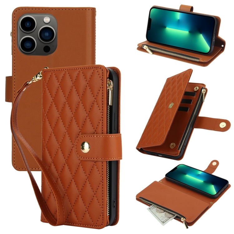 For iPhone 13 Pro Max YM016 Rhombic Zipper Card Wallet Leather Phone Case with Lanyard(Brown) - iPhone 13 Pro Max Cases by buy2fix | Online Shopping UK | buy2fix