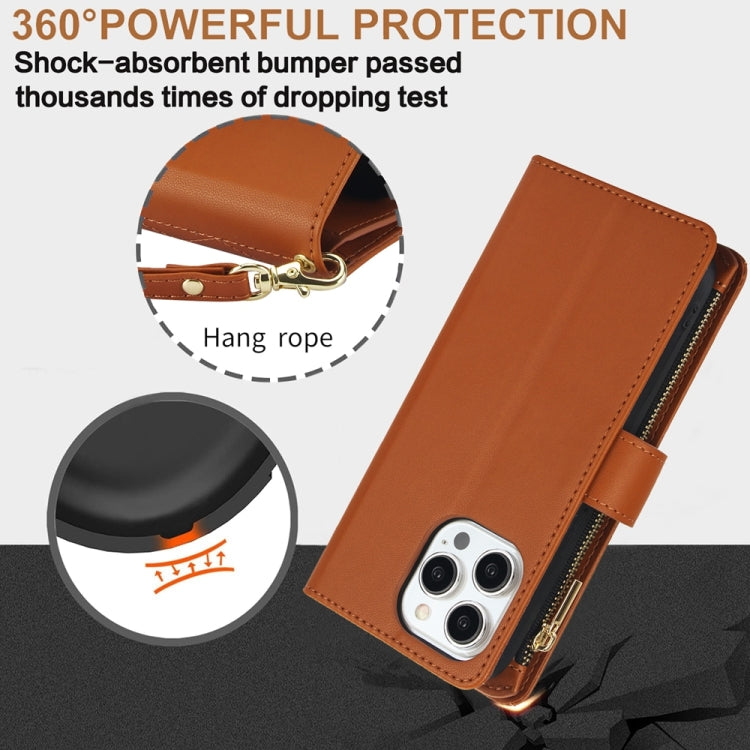 For iPhone 13 Pro Max YM016 Rhombic Zipper Card Wallet Leather Phone Case with Lanyard(Brown) - iPhone 13 Pro Max Cases by buy2fix | Online Shopping UK | buy2fix