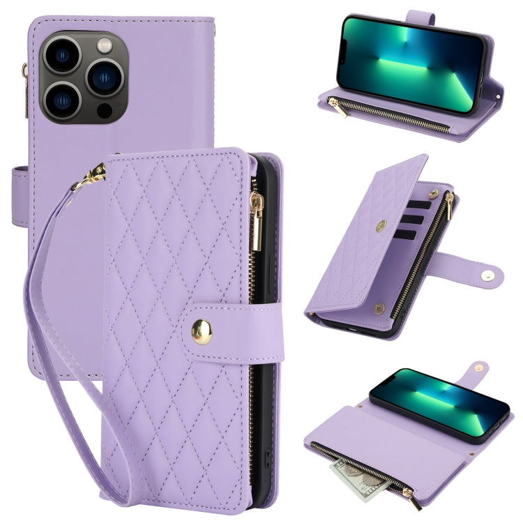For iPhone 13 Pro Max YM016 Rhombic Zipper Card Wallet Leather Phone Case with Lanyard(Light Purple) - iPhone 13 Pro Max Cases by buy2fix | Online Shopping UK | buy2fix