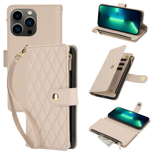 For iPhone 13 Pro Max YM016 Rhombic Zipper Card Wallet Leather Phone Case with Lanyard(Apricot) - iPhone 13 Pro Max Cases by buy2fix | Online Shopping UK | buy2fix