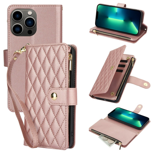 For iPhone 13 Pro Max YM016 Rhombic Zipper Card Wallet Leather Phone Case with Lanyard(Rose Gold) - iPhone 13 Pro Max Cases by buy2fix | Online Shopping UK | buy2fix