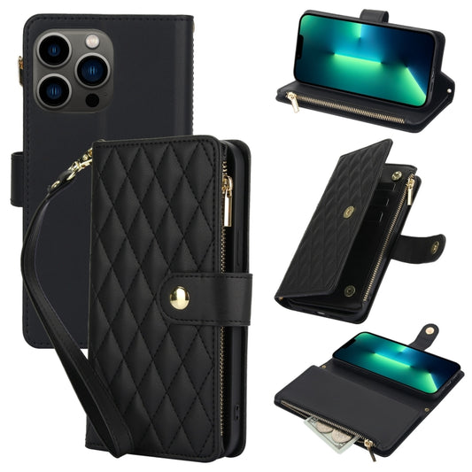 For iPhone 13 Pro Max YM016 Rhombic Zipper Card Wallet Leather Phone Case with Lanyard(Black) - iPhone 13 Pro Max Cases by buy2fix | Online Shopping UK | buy2fix