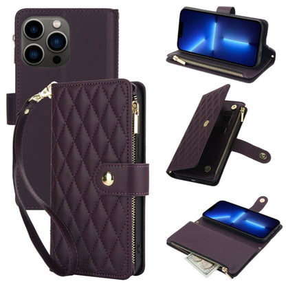 For iPhone 13 Pro YM016 Rhombic Zipper Card Wallet Leather Phone Case with Lanyard(Dark Purple) - iPhone 13 Pro Cases by buy2fix | Online Shopping UK | buy2fix