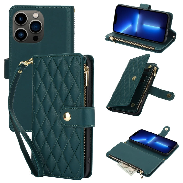 For iPhone 13 Pro YM016 Rhombic Zipper Card Wallet Leather Phone Case with Lanyard(Green) - iPhone 13 Pro Cases by buy2fix | Online Shopping UK | buy2fix