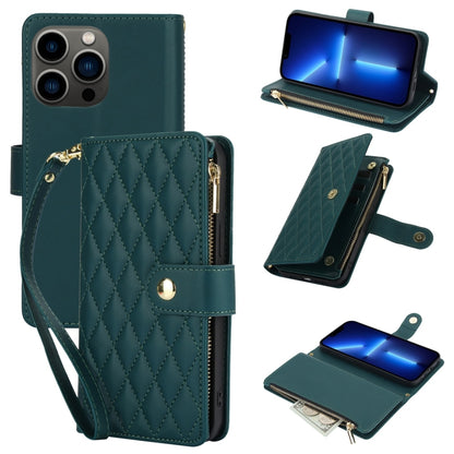 For iPhone 13 Pro YM016 Rhombic Zipper Card Wallet Leather Phone Case with Lanyard(Green) - iPhone 13 Pro Cases by buy2fix | Online Shopping UK | buy2fix