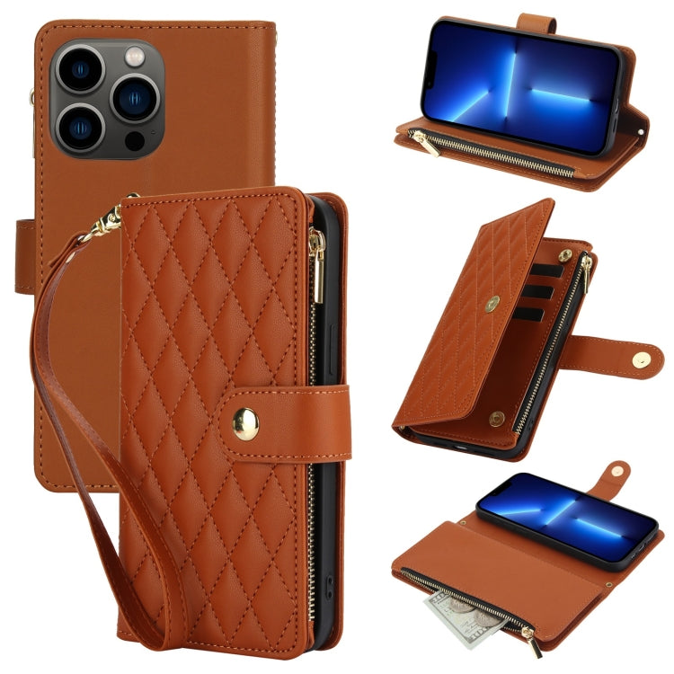 For iPhone 13 Pro YM016 Rhombic Zipper Card Wallet Leather Phone Case with Lanyard(Brown) - iPhone 13 Pro Cases by buy2fix | Online Shopping UK | buy2fix