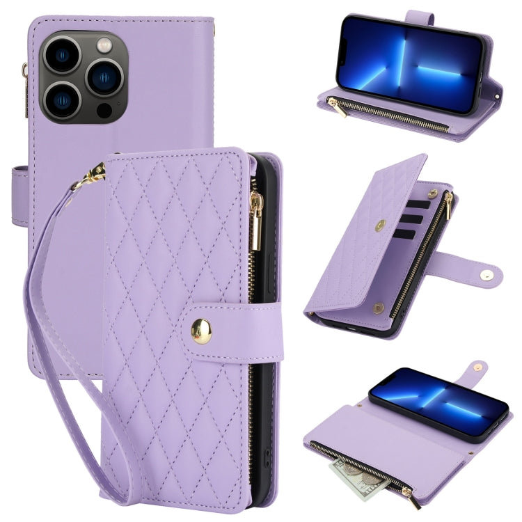 For iPhone 13 Pro YM016 Rhombic Zipper Card Wallet Leather Phone Case with Lanyard(Light Purple) - iPhone 13 Pro Cases by buy2fix | Online Shopping UK | buy2fix