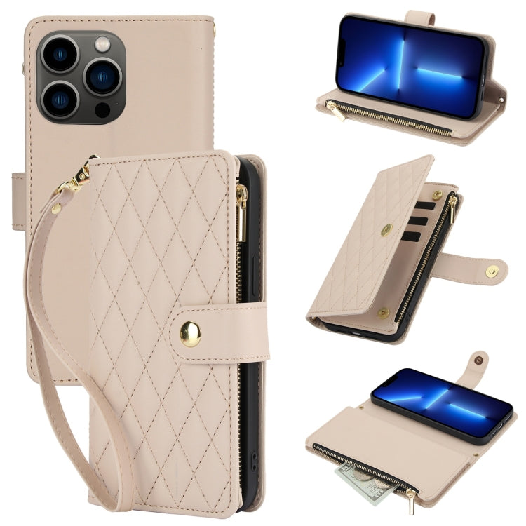 For iPhone 13 Pro YM016 Rhombic Zipper Card Wallet Leather Phone Case with Lanyard(Apricot) - iPhone 13 Pro Cases by buy2fix | Online Shopping UK | buy2fix