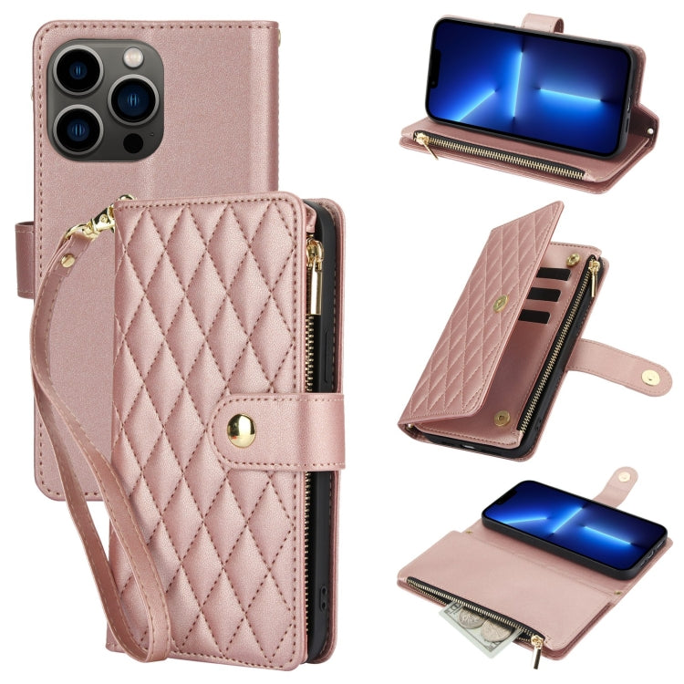 For iPhone 13 Pro YM016 Rhombic Zipper Card Wallet Leather Phone Case with Lanyard(Rose Gold) - iPhone 13 Pro Cases by buy2fix | Online Shopping UK | buy2fix