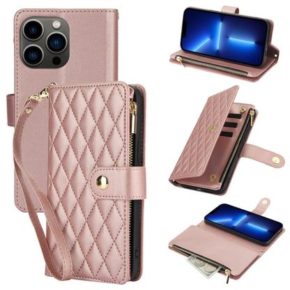 For iPhone 13 Pro YM016 Rhombic Zipper Card Wallet Leather Phone Case with Lanyard(Rose Gold) - iPhone 13 Pro Cases by buy2fix | Online Shopping UK | buy2fix