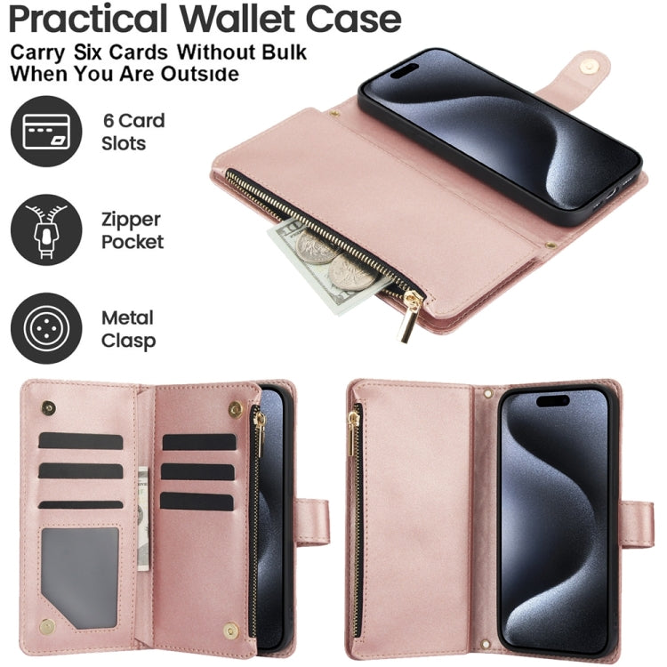 For iPhone 13 Pro YM016 Rhombic Zipper Card Wallet Leather Phone Case with Lanyard(Rose Gold) - iPhone 13 Pro Cases by buy2fix | Online Shopping UK | buy2fix