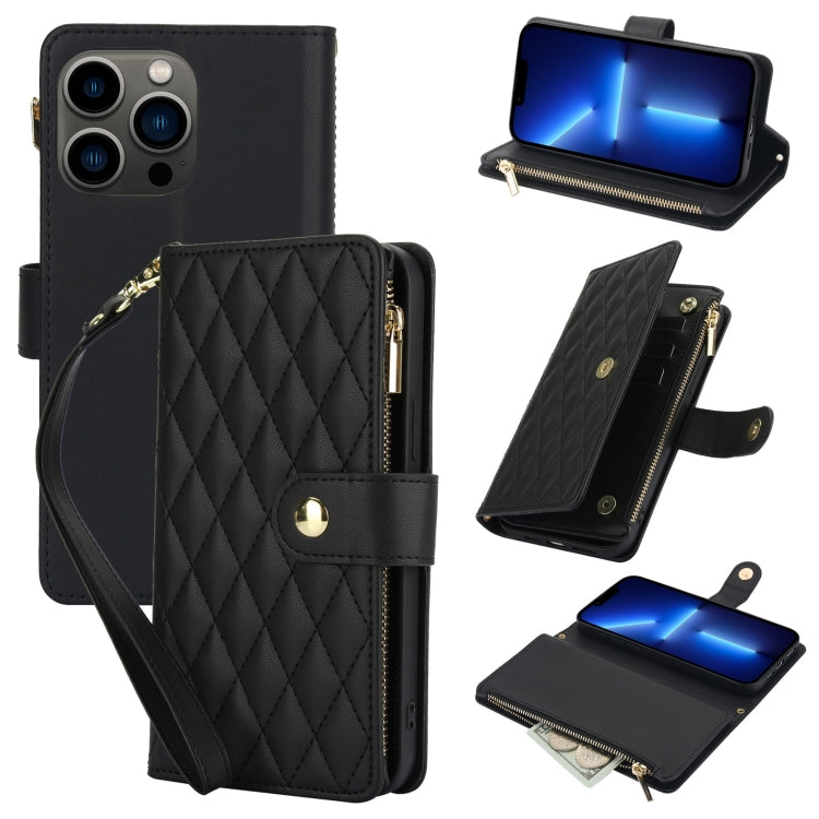 For iPhone 13 Pro YM016 Rhombic Zipper Card Wallet Leather Phone Case with Lanyard(Black) - iPhone 13 Pro Cases by buy2fix | Online Shopping UK | buy2fix