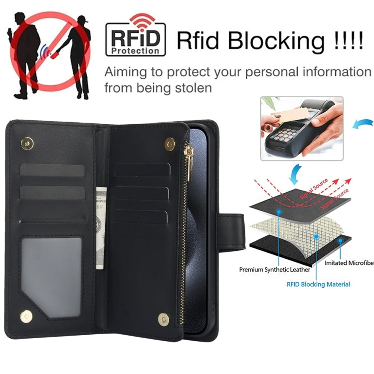 For iPhone 13 Pro YM016 Rhombic Zipper Card Wallet Leather Phone Case with Lanyard(Black) - iPhone 13 Pro Cases by buy2fix | Online Shopping UK | buy2fix