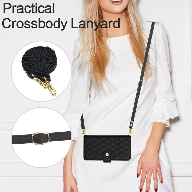 For iPhone 13 Pro YM016 Rhombic Zipper Card Wallet Leather Phone Case with Lanyard(Black) - iPhone 13 Pro Cases by buy2fix | Online Shopping UK | buy2fix