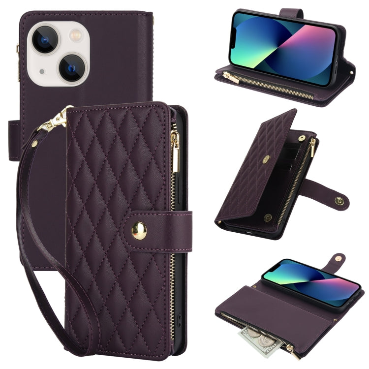 For iPhone 13 mini YM016 Rhombic Zipper Card Wallet Leather Phone Case with Lanyard(Dark Purple) - iPhone 13 mini Cases by buy2fix | Online Shopping UK | buy2fix