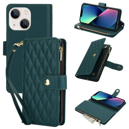 For iPhone 13 mini YM016 Rhombic Zipper Card Wallet Leather Phone Case with Lanyard(Green) - iPhone 13 mini Cases by buy2fix | Online Shopping UK | buy2fix