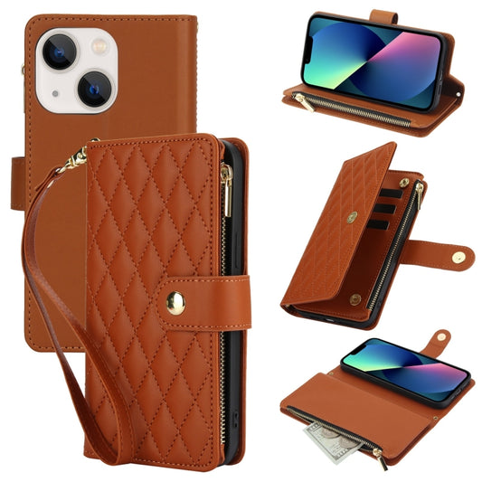 For iPhone 13 mini YM016 Rhombic Zipper Card Wallet Leather Phone Case with Lanyard(Brown) - iPhone 13 mini Cases by buy2fix | Online Shopping UK | buy2fix
