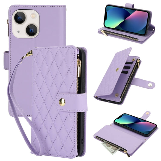 For iPhone 13 mini YM016 Rhombic Zipper Card Wallet Leather Phone Case with Lanyard(Light Purple) - iPhone 13 mini Cases by buy2fix | Online Shopping UK | buy2fix