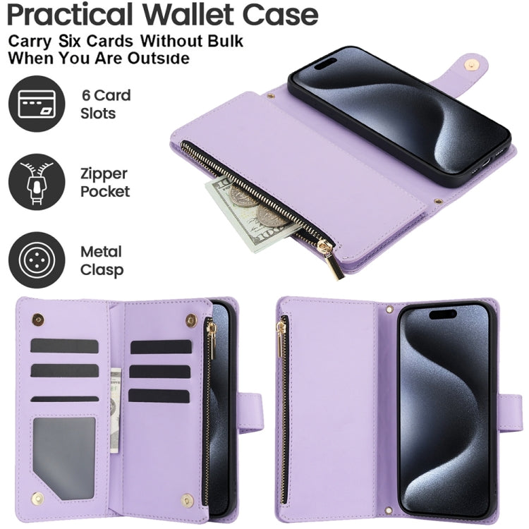 For iPhone 13 mini YM016 Rhombic Zipper Card Wallet Leather Phone Case with Lanyard(Light Purple) - iPhone 13 mini Cases by buy2fix | Online Shopping UK | buy2fix