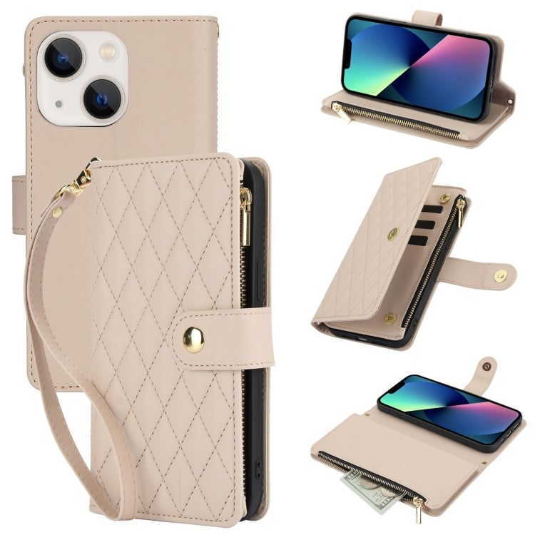For iPhone 13 mini YM016 Rhombic Zipper Card Wallet Leather Phone Case with Lanyard(Apricot) - iPhone 13 mini Cases by buy2fix | Online Shopping UK | buy2fix