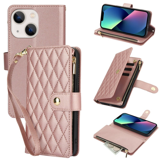 For iPhone 13 mini YM016 Rhombic Zipper Card Wallet Leather Phone Case with Lanyard(Rose Gold) - iPhone 13 mini Cases by buy2fix | Online Shopping UK | buy2fix