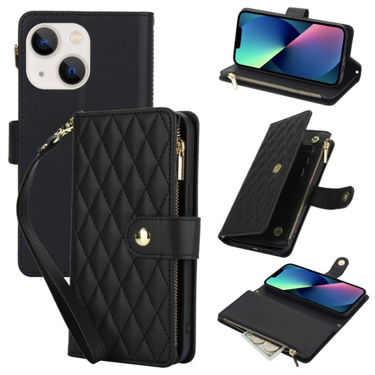 For iPhone 13 mini YM016 Rhombic Zipper Card Wallet Leather Phone Case with Lanyard(Black) - iPhone 13 mini Cases by buy2fix | Online Shopping UK | buy2fix