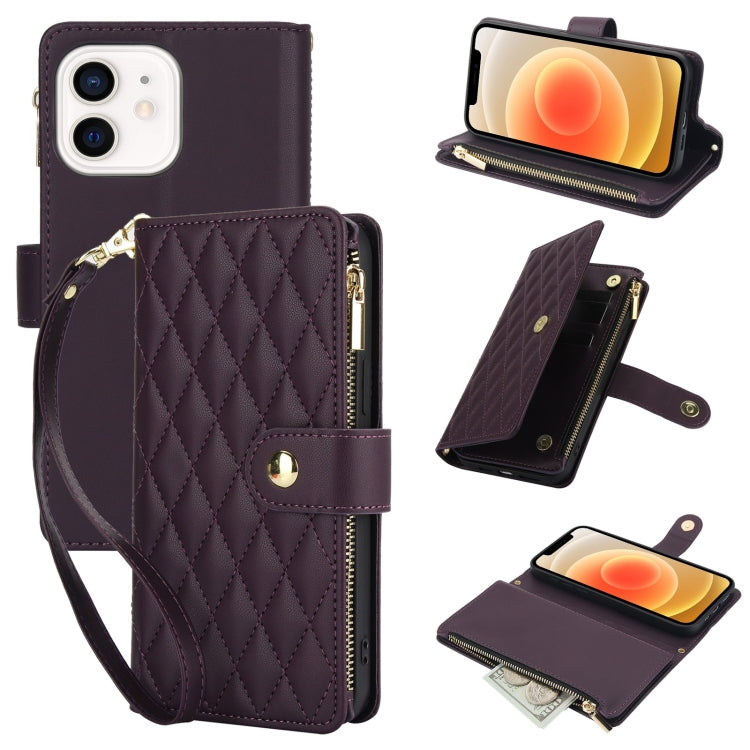 For iPhone 12 / 12 Pro YM016 Rhombic Zipper Card Wallet Leather Phone Case with Lanyard(Dark Purple) - iPhone 12 / 12 Pro Cases by buy2fix | Online Shopping UK | buy2fix