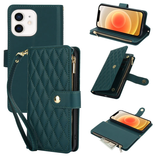 For iPhone 12 / 12 Pro YM016 Rhombic Zipper Card Wallet Leather Phone Case with Lanyard(Green) - iPhone 12 / 12 Pro Cases by buy2fix | Online Shopping UK | buy2fix