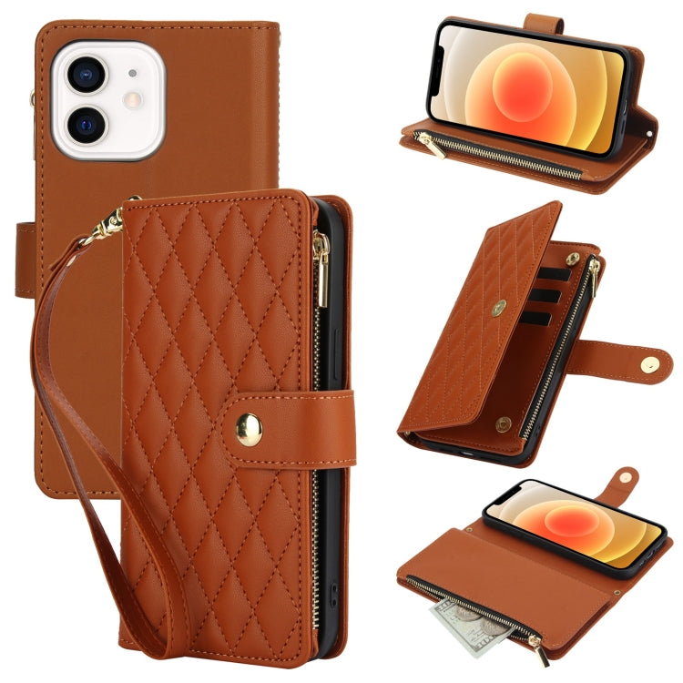 For iPhone 12 / 12 Pro YM016 Rhombic Zipper Card Wallet Leather Phone Case with Lanyard(Brown) - iPhone 12 / 12 Pro Cases by buy2fix | Online Shopping UK | buy2fix
