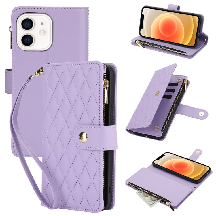 For iPhone 12 / 12 Pro YM016 Rhombic Zipper Card Wallet Leather Phone Case with Lanyard(Light Purple) - iPhone 12 / 12 Pro Cases by buy2fix | Online Shopping UK | buy2fix
