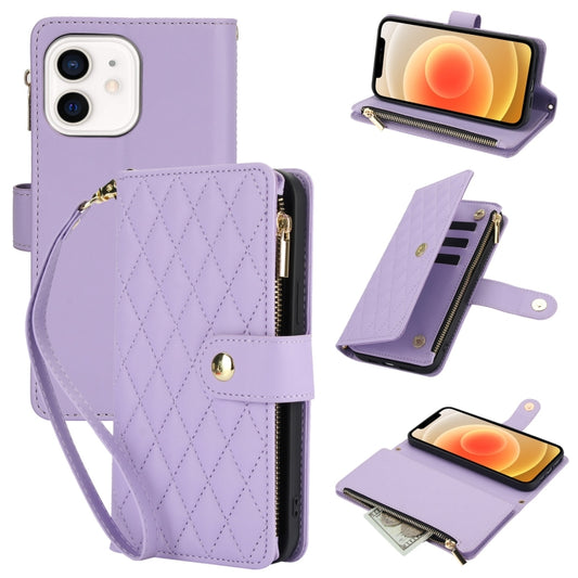 For iPhone 12 / 12 Pro YM016 Rhombic Zipper Card Wallet Leather Phone Case with Lanyard(Light Purple) - iPhone 12 / 12 Pro Cases by buy2fix | Online Shopping UK | buy2fix