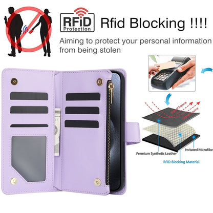 For iPhone 12 / 12 Pro YM016 Rhombic Zipper Card Wallet Leather Phone Case with Lanyard(Light Purple) - iPhone 12 / 12 Pro Cases by buy2fix | Online Shopping UK | buy2fix