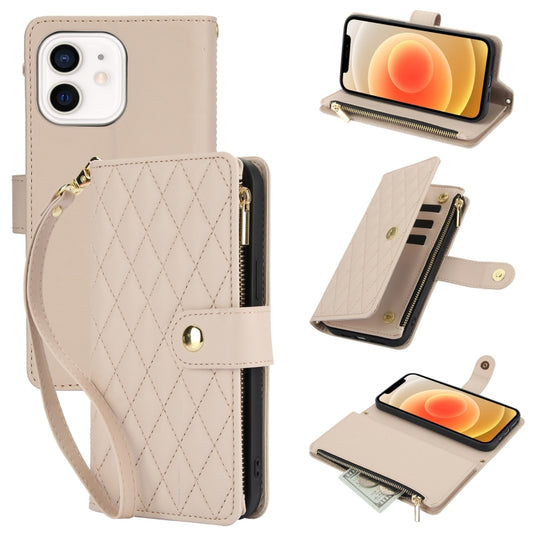 For iPhone 12 / 12 Pro YM016 Rhombic Zipper Card Wallet Leather Phone Case with Lanyard(Apricot) - iPhone 12 / 12 Pro Cases by buy2fix | Online Shopping UK | buy2fix