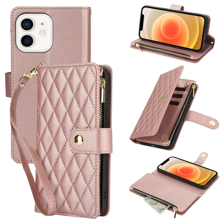 For iPhone 12 / 12 Pro YM016 Rhombic Zipper Card Wallet Leather Phone Case with Lanyard(Rose Gold) - iPhone 12 / 12 Pro Cases by buy2fix | Online Shopping UK | buy2fix