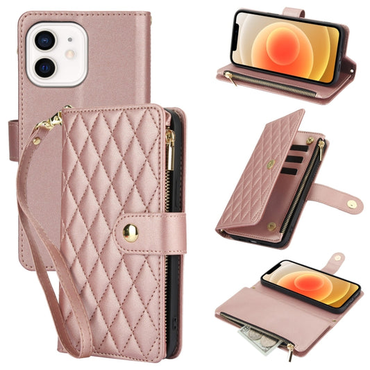 For iPhone 12 / 12 Pro YM016 Rhombic Zipper Card Wallet Leather Phone Case with Lanyard(Rose Gold) - iPhone 12 / 12 Pro Cases by buy2fix | Online Shopping UK | buy2fix