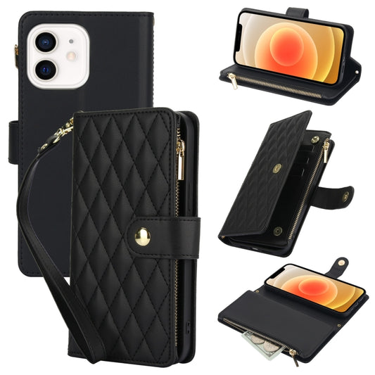 For iPhone 12 / 12 Pro YM016 Rhombic Zipper Card Wallet Leather Phone Case with Lanyard(Black) - iPhone 12 / 12 Pro Cases by buy2fix | Online Shopping UK | buy2fix