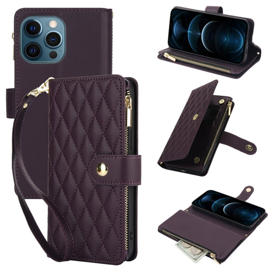 For iPhone 12 Pro Max YM016 Rhombic Zipper Card Wallet Leather Phone Case with Lanyard(Dark Purple) - iPhone 12 Pro Max Cases by buy2fix | Online Shopping UK | buy2fix