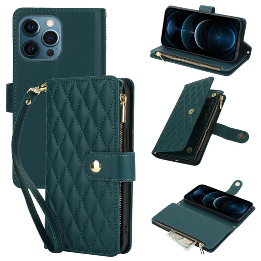 For iPhone 12 Pro Max YM016 Rhombic Zipper Card Wallet Leather Phone Case with Lanyard(Green) - iPhone 12 Pro Max Cases by buy2fix | Online Shopping UK | buy2fix