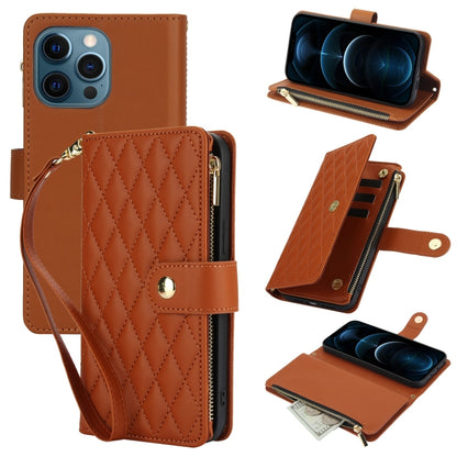 For iPhone 12 Pro Max YM016 Rhombic Zipper Card Wallet Leather Phone Case with Lanyard(Brown) - iPhone 12 Pro Max Cases by buy2fix | Online Shopping UK | buy2fix
