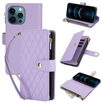 For iPhone 12 Pro Max YM016 Rhombic Zipper Card Wallet Leather Phone Case with Lanyard(Light Purple) - iPhone 12 Pro Max Cases by buy2fix | Online Shopping UK | buy2fix