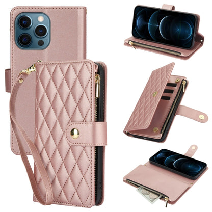 For iPhone 12 Pro Max YM016 Rhombic Zipper Card Wallet Leather Phone Case with Lanyard(Rose Gold) - iPhone 12 Pro Max Cases by buy2fix | Online Shopping UK | buy2fix