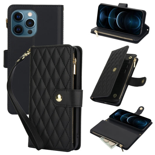 For iPhone 12 Pro Max YM016 Rhombic Zipper Card Wallet Leather Phone Case with Lanyard(Black) - iPhone 12 Pro Max Cases by buy2fix | Online Shopping UK | buy2fix