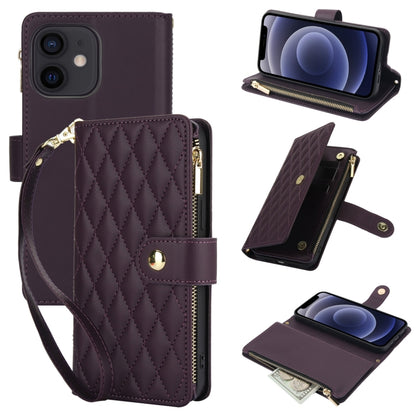 For iPhone 12 mini YM016 Rhombic Zipper Card Wallet Leather Phone Case with Lanyard(Dark Purple) - iPhone 12 mini Cases by buy2fix | Online Shopping UK | buy2fix