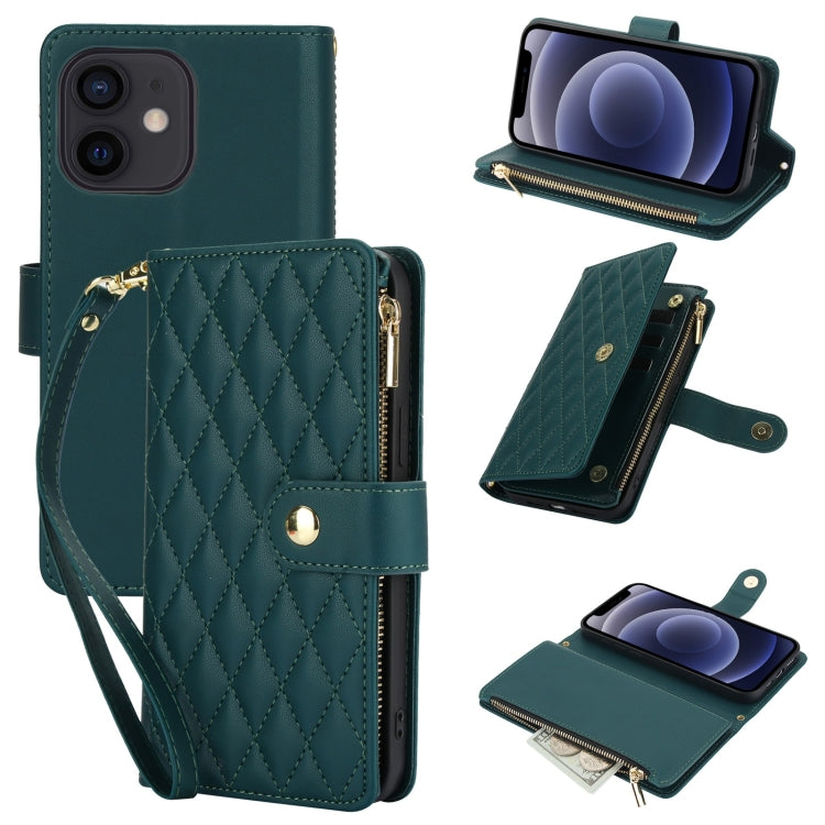 For iPhone 12 mini YM016 Rhombic Zipper Card Wallet Leather Phone Case with Lanyard(Green) - iPhone 12 mini Cases by buy2fix | Online Shopping UK | buy2fix