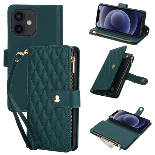 For iPhone 12 mini YM016 Rhombic Zipper Card Wallet Leather Phone Case with Lanyard(Green) - iPhone 12 mini Cases by buy2fix | Online Shopping UK | buy2fix