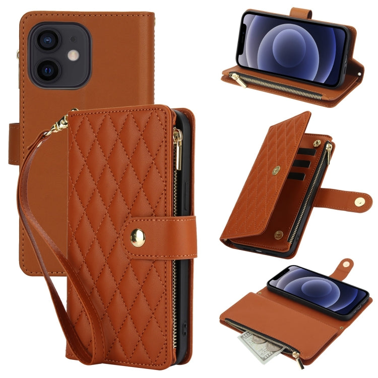 For iPhone 12 mini YM016 Rhombic Zipper Card Wallet Leather Phone Case with Lanyard(Brown) - iPhone 12 mini Cases by buy2fix | Online Shopping UK | buy2fix