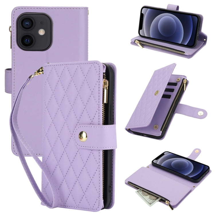 For iPhone 12 mini YM016 Rhombic Zipper Card Wallet Leather Phone Case with Lanyard(Light Purple) - iPhone 12 mini Cases by buy2fix | Online Shopping UK | buy2fix
